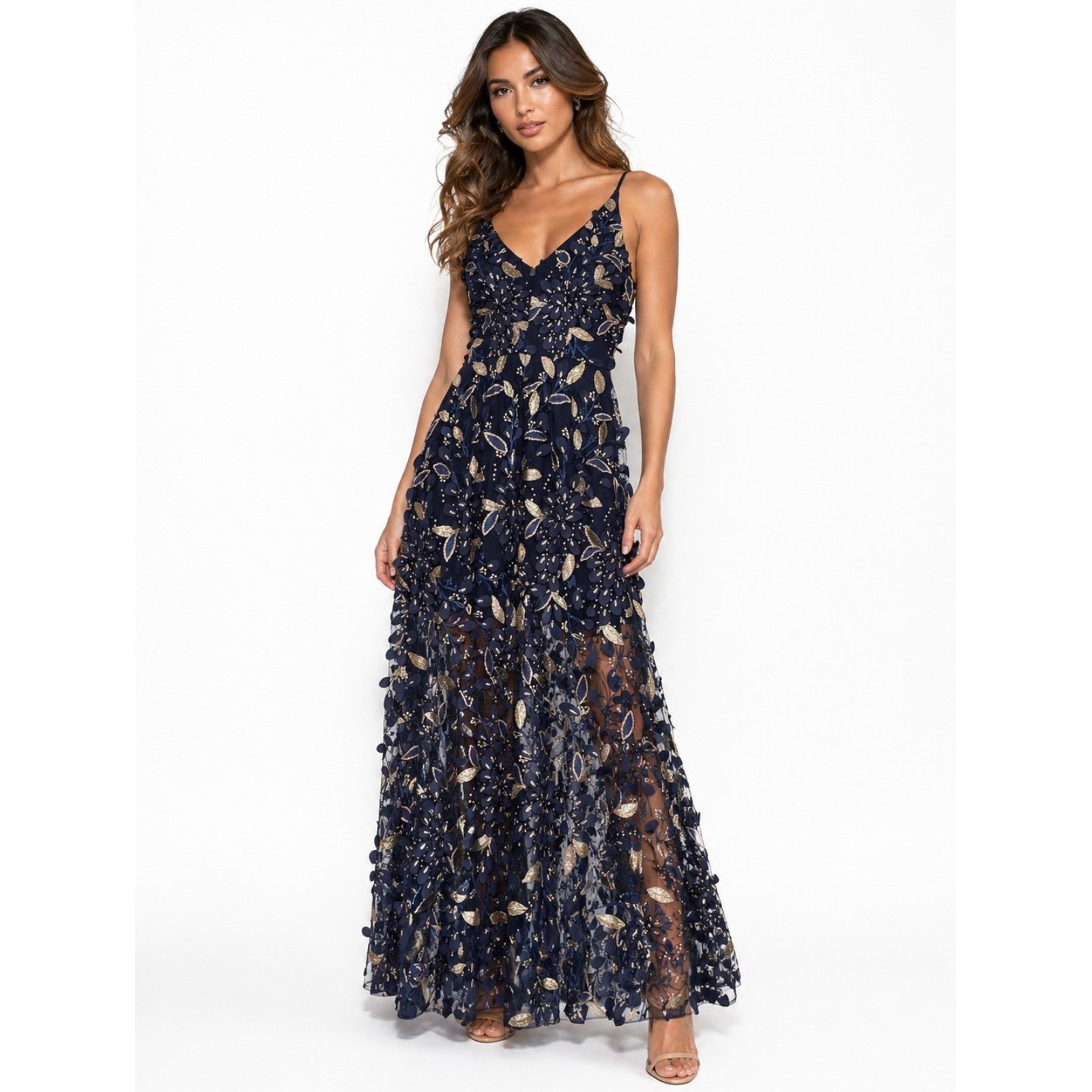 Xscape $329 Navy Blue Gold 3d Floral Applique Sequin V-Neck Maxi Evening Gown 4